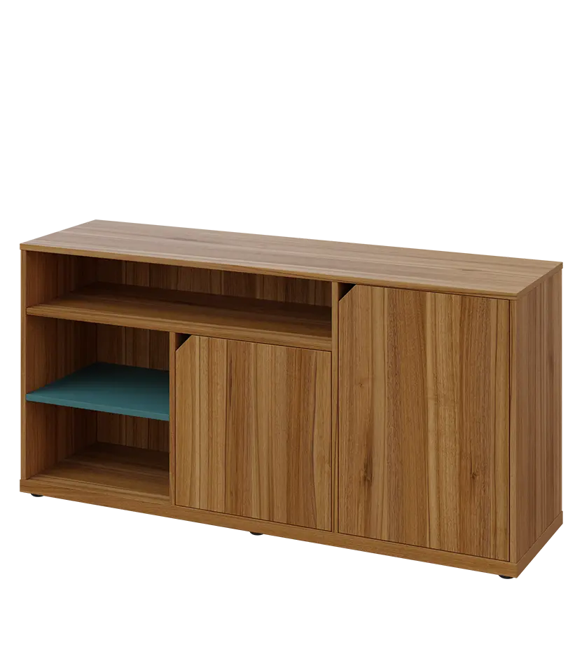 KU2-15DN3 P skříňka nízká 2-dveřová, nika, 740x1522x400, provedení pravé, korpus a dvířka ořech světlý/police světle petrolejová